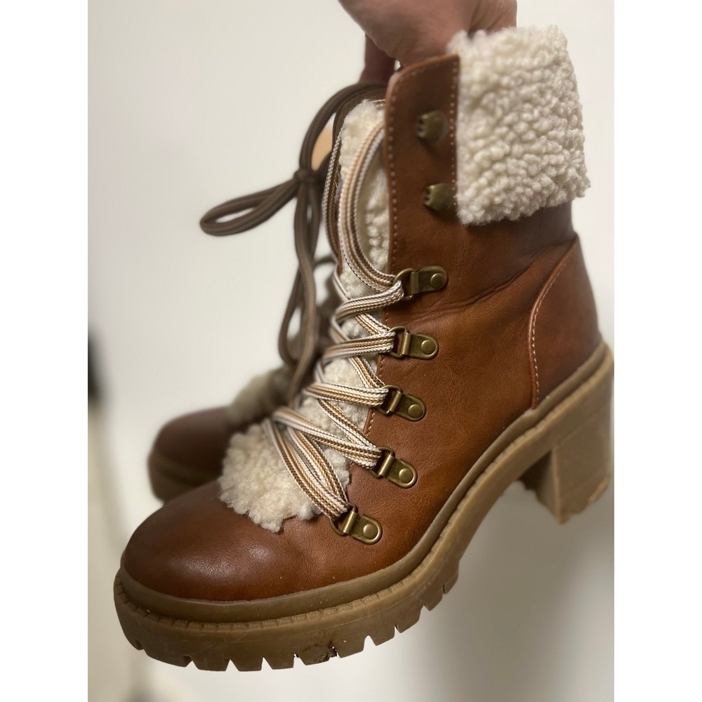 Target Sherpa faux fur brown heeled boots women's 8